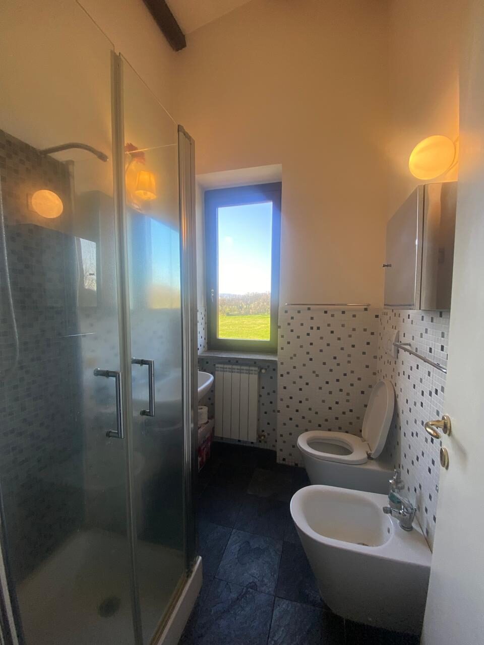 Bagno con box doccia, bidet e finestra sulla campagna