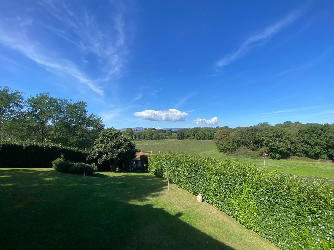 Prato, siepe e campagna della riserva naturale di Settevene vista dalla villa